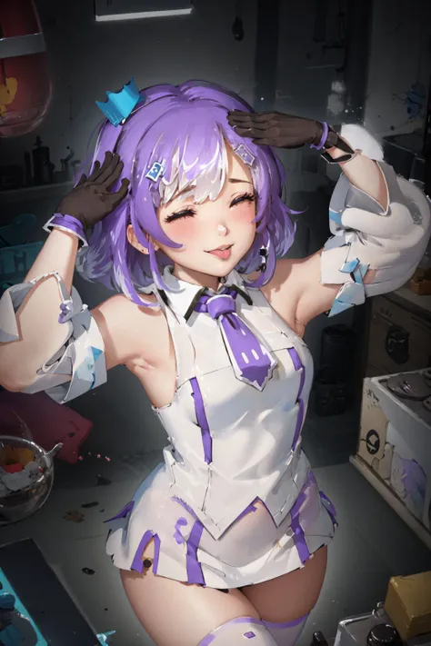 (masterpiece, best quality:1.2), <lyco:chanthology_twitch-chan-10:0.8>, <lyco:ahetobleh-nvwls-v1-final:1.0>, from above, solo, 1girl, twitch-chan, smile, ahetobleh, hands on own head, hairclip, hair ornament, collared shirt, sleeveless, necktie, skirt, thighhighs, (gloves:1.1)