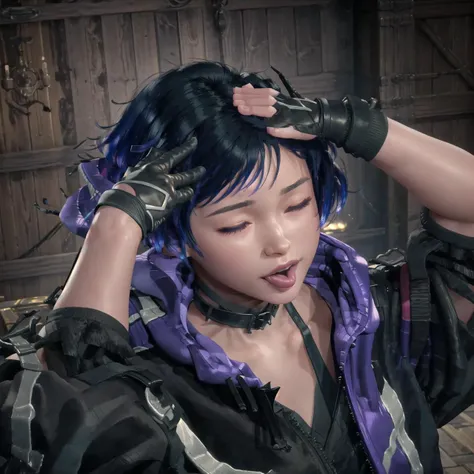 beautiful, masterpiece, best quality, extremely detailed face, perfect lighting, 1girl,
<lora:ahetobleh-nvwls-v2:.8>ahetobleh, from above, hands on own head, closed eyes, tongue, tounge out
<lora:tekkenreina-nvwls-v1:.9>reina, multicolored hair, jacket, fingerless gloves, black shirt, black shorts, 3d character