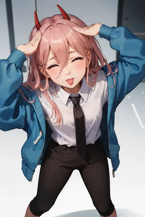 (masterpiece, best quality:1.2), <lyco:csm_power-13:0.9>, <lyco:ahetobleh-nvwls-v1-final:0.8>, from above, solo, 1girl, power \(csm\), ahetobleh, blue jacket, collared shirt, black necktie, black pants