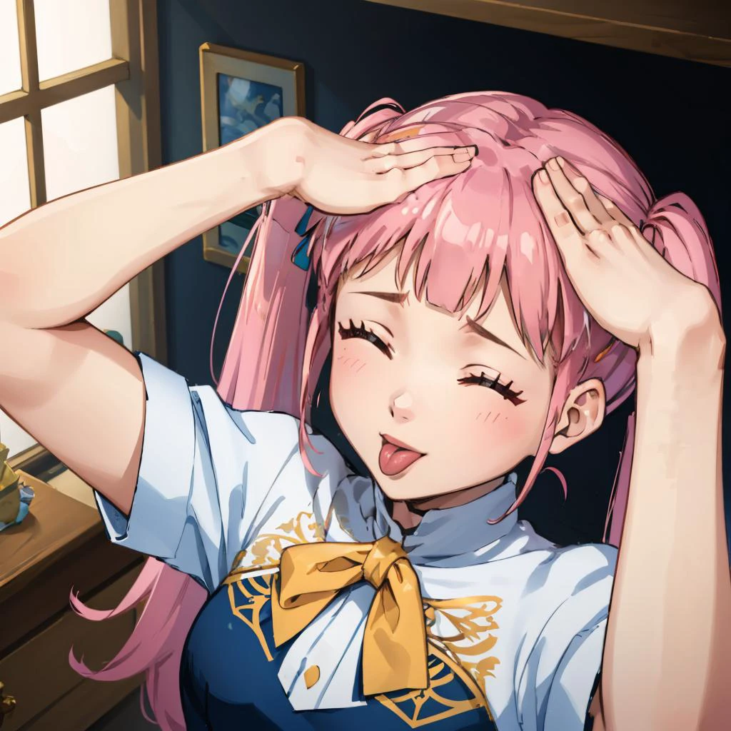 masterpiece, best quality, <lora:fireemblem_goneril_v2-10:0.8> hildauniform, twintails, uniform <lora:ahetobleh-nvwls-v1-final:0.8> ahetobleh, from above, hands on own head, closed eyes, tongue