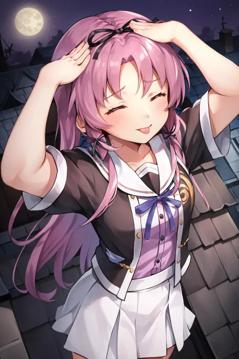 masterpiece, best quality, renne_sen3, hair ribbon, black jacket, purple shirt, short sleeves, white skirt, from above, ahetobleh, closed eyes, hands on own head, night, moon, rooftop <lora:ahetobleh-nvwls-v2-000010:0.8> <lora:renne-nvwls-v1:0.9>
