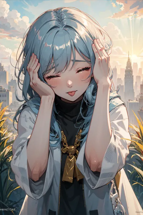 masterpiece, best quality, wide-angle Hyperdetailed, masterpiece, 8k, natural lighting, soft lighting, sunlight, HDR (High Dynamic Range), Maximum Clarity And Sharpness, Multi-Layered Textures,
<lora:ahetobleh-nvwls-v2:0.8> ahetobleh, from above, hands on own head, closed eyes, tongue