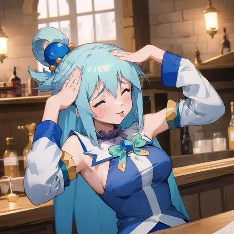 masterpiece, best quality, ultra-detailed, epic lighting, cinematic composition, anime coloring, <lora:aquaKonosubaLora_1:1> 1girl, blue hair, long hair, blue eyes, medium breasts, hair ornament, hair rings, (blue shirt:1.1), detached sleeves, bare shoulders, blue skirt, <lyco:ahetobleh-nvwls-v1-final:1> ahetobleh, hands on own head, closed eyes, tongue, indoors, medieval bar, (8k:1.1)