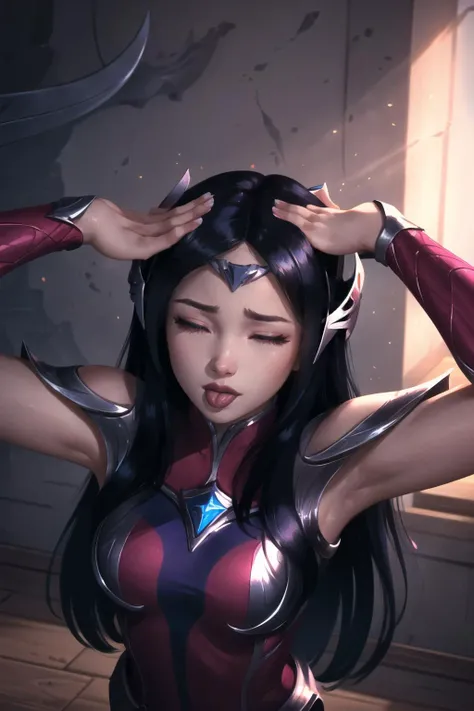 Highly detailed, High Quality, Masterpiece, beautiful, 1girl, solo, Irelia, <lora:Char_LoL_Irelia:0.8>, hahetobleh, from above, hands on own head, closed eyes, tongue, <lora:Pos_AhEtoMemePose:0.8>