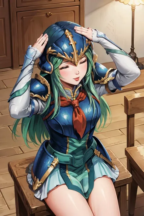 masterpiece, best quality, nephenee fe, helmet, armor, breastplate, skirt, from above, ahetobleh, closed eyes, hands on own head <lora:nephenee-fef:0.9> <lora:ahetobleh-nvwls-v1-final:0.7>