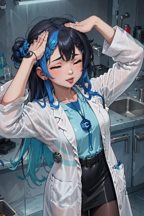 High Quality, Masterpiece, 1girl, <lora:gijinkaseries_civitai-18:0.85>, civitai-chan, braided bangs, labcoat, shirt, shirt tucked in, single vertical stripe, black skirt, pencil skirt, pantyhose, necklace, hahetobleh, from above, hands on own head, closed eyes, tongue, <lora:Pos_AhEtoMemePose:0.8>