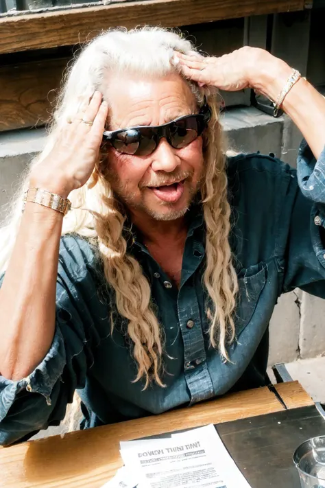 Highly detailed, High Quality, Masterpiece, beautiful, duane, sunglasses, long hair, blonde hair, <lora:Char_Sigmas_Dog:0.7>, hahetobleh, from above, hands on own head, closed eyes, tongue, <lora:Pos_AhEtoMemePose:0.8>