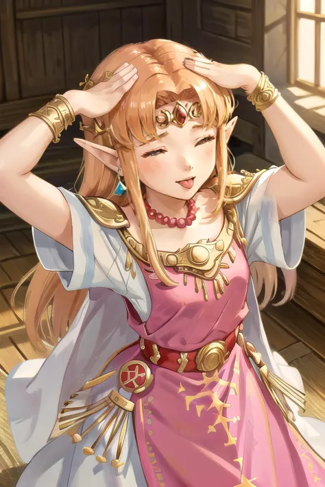 <lora:zelda-albw-fef:0.8>, <lyco:ahetobleh-nvwls-v1-final:0.8>, zelda-albw, 1girl, solo, ahetobleh, from above, hands on own head, closed eyes, tongue, pink dress, tiara, jewelry, bead necklace