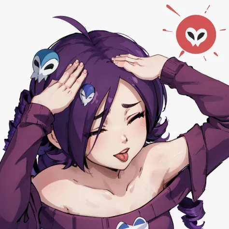 masterpiece, best quality, <lora:newgrounds_zone-tan-10:1>zone-tan, hair over one eye, ahoge, drill hair, skull hair ornament, off-shoulder sweater, thighhighs, upper body, portrait <lora:ahetobleh-nvwls-v1-final:0.8> ahetobleh, from above, hands on own head, closed eyes, tongue, simple background