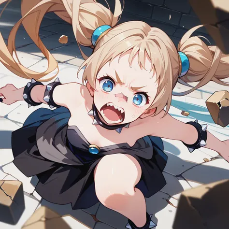 score_9, score_8_up, score_7_up, source_anime, rating_explicit BREAK solo, yelling, from above, shattered concrete, <lora:bowsette_dress-PD-1.0:0.8> bowsette dress, <lora:sanae-dekomori-s2-ponyxl-lora-nochekaiser:0.8> sanae dekomori, long hair, blue eyes, blonde hair, twintails, very long hair,