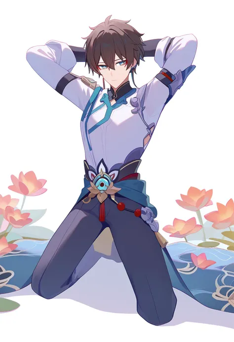 score_9,dan heng \(honkai star rail\),male focus,1boy,kneeling,arms behind head,seiza,solo,looking at viewer,flower,full body,simple background,white background,,chinese clothes,closed mouth,long sleeves,<lora:pony_char_dan_heng_(honkai_star_rail):1>