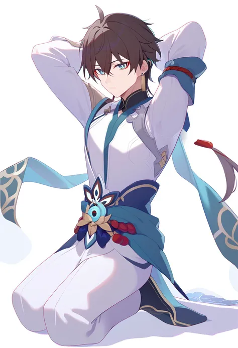 score_9,dan heng \(honkai star rail\),male focus,1boy,kneeling,arms behind head,seiza,solo,looking at viewer,flower,full body,simple background,white background,,chinese clothes,closed mouth,long sleeves,<lora:pony_char_dan_heng_(honkai_star_rail):1>
