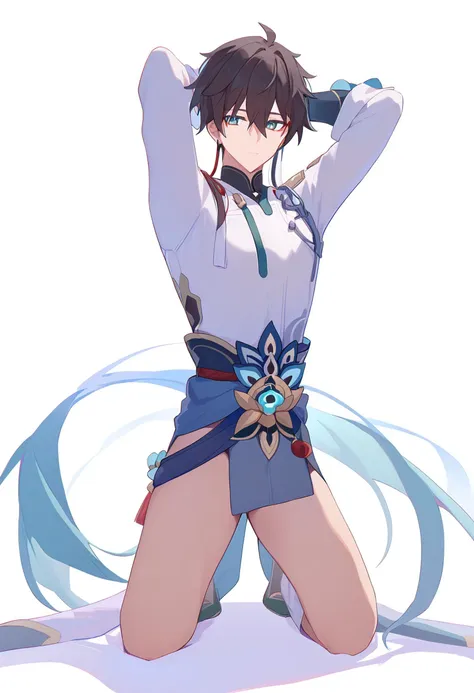 score_9,kneeling, arms behind head, seiza,solo,looking at viewer,flower,full body,simple background,white background,score_9,dan heng \(honkai star rail\),male focus,1boy,chinese clothes,closed mouth,long sleeves,<lora:pony_char_dan_heng_(honkai_star_rail):1>