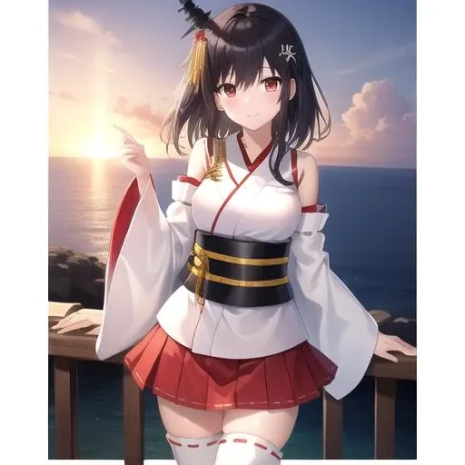 ((masterpiece)),(best quality),official art,extremely detailed CG,unity 8k wallpaper,ultra detailed,A lighthouse on a cliff by the sea,1girl,solo,cowboy shot,red_eyes,black_hair,short_hair,hair_ornament,detached_sleeves,japanese_clothes,red_skirt,tabi,nontraditional_miko,wide_sleeves,geta,looking_at_viewer,breasts,white_socks,knee_pads,<lora:Yamashiro(kan)>,