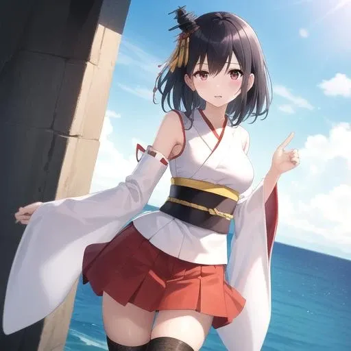 ((masterpiece)),(best quality),official art,extremely detailed CG,unity 8k wallpaper,ultra detailed,A lighthouse on a cliff by the sea,1girl,solo,cowboy shot,red_eyes,black_hair,short_hair,hair_ornament,detached_sleeves,japanese_clothes,red_skirt,tabi,nontraditional_miko,wide_sleeves,geta,looking_at_viewer,breasts,white_socks,knee_pads,<lora:Yamashiro(kan)>,
