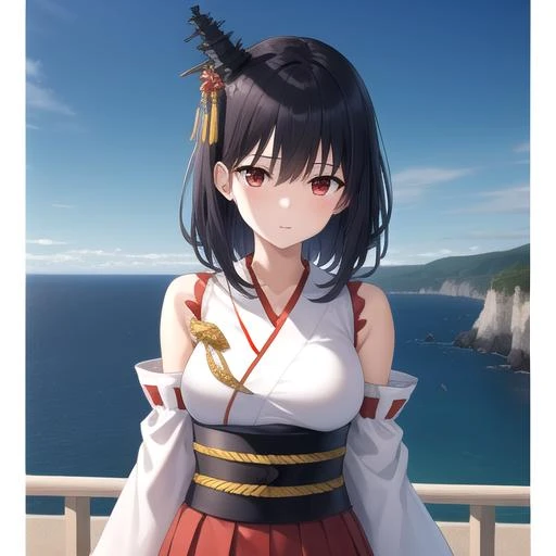 ((masterpiece)),(best quality),official art,extremely detailed CG,unity 8k wallpaper,ultra detailed,A lighthouse on a cliff by the sea,1girl,solo,upper body,(portrait:1.2),red_eyes,black_hair,short_hair,hair_ornament,detached_sleeves,japanese_clothes,red_skirt,tabi,nontraditional_miko,wide_sleeves,geta,looking_at_viewer,breasts,white_socks,knee_pads,<lora:Yamashiro(kan)>,