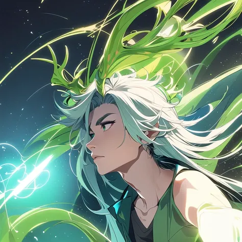 (androgynous, nonbinary:1.3), realistic, masterpiece (solo:1.3) portrait, volumetric lighting, HDR, 90FOV, (elven ears:0.6), green messy long hair, laboratory, tired expression, anime style, alchemy, glow, shooting star, antlers, satyr, front facing, sleeveless shirt, profile
