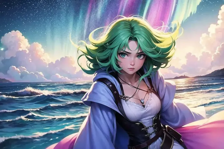 Ambrosia, Beautiful, HDR, Volumetric lighting, gust of wind, Cute Anime Woman, 1girl, solo, pastel goth, outdoor, curly green hair, druidic, healer magic, final fantasy, hood, will-o'-the-wisp \(mythology\), stars, ocean, mountains, clouds, forests, aurora,
bioluminescence,
