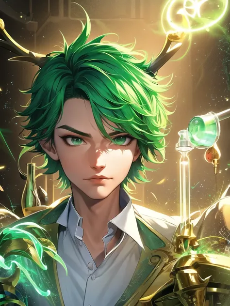 androgynous, nonbinary, realistic, masterpiece solo portrait, volumetric lighting, HDR, 90FOV, elve, green messy hair, laboratory, tired expression, anime style, vial, alchemy, glow, shooting star,antlers, satyr, front facing,