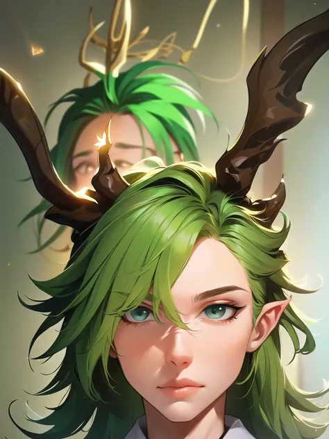 (androgynous, nonbinary:1.1), realistic, masterpiece solo portrait, volumetric lighting, HDR, 90FOV, elve, green messy hair, laboratory, tired expression, anime style, alchemy, glow, shooting star, antlers, satyr, front facing,