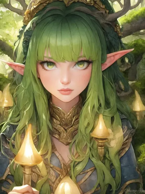 Watercolor, Masterpiece Portrait Hdr volumetric lighting Beautiful Woman, solo, long curly hair, green hair, holding, golden eyes, pointy ears, (antlers:0.8), druidic, queen, goddess, nature, glowing eyes, mushrooms, moss, bangs,