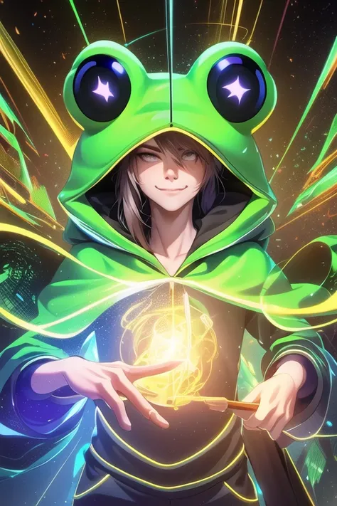 (androgynous, (nonbinary:1.2)), realistic, masterpiece (solo:1.3) portrait, volumetric lighting, HDR, 90FOV, (elven ears:0.6), green messy long hair, laboratory, tired expression, anime style, alchemy, glow, shooting star, front facing, face, wind, smile, (frog hoodie:1.2)