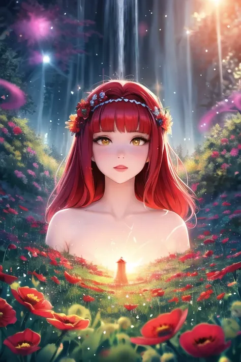 ambrosia, solo masterpiece portrait, majestic beautiful red hair Cute Anime Woman flower crown white dress stars wind bokeh forest waterfall dreamscape poppy /(flowers/) hallucination aurora morning dew drop mist, volumetric lighting, glimmer , shiny skin, POV, 90FOV, ambience, tendrils bangs, synesthesia, yellow eyes, will-o'-the-wisp \(mythology\), 1girl honeydew