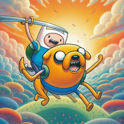 adtime, jake, finn, holding swords, high quality, 1boys, yellow dog, clouds <lora:KK__Adventure_Time_Style_SDXL:1>