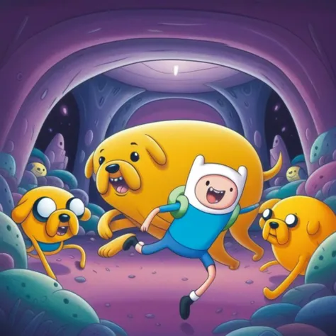 adtime, jake, finn, in a purple cave, treasure, 1boy, 1yellow dog, <lora:KK__Adventure_Time_Style_SDXL:1>