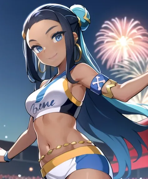 festival, 1girl, character_pokemon_nessa, solo, (kimono),night time,fireworks in sky looking at viewer, smile, hair bun, hair ornament, hoop earrings, ear piercing, armlet, armband, belly chain, <lora:pokemon_nessa:.5>