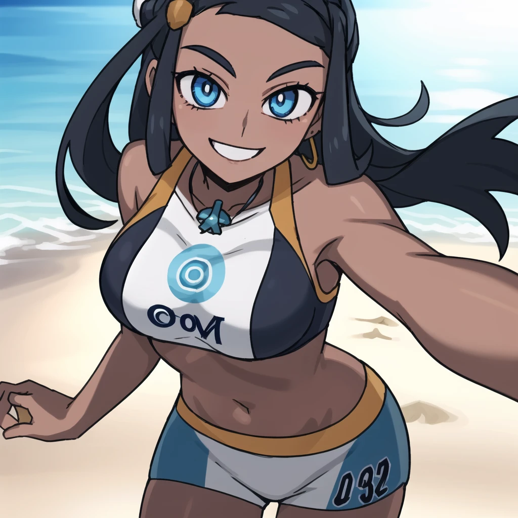 2d, masterpiece, best quality, anime, highly detailed eyes, highly detailed face, highly detailed background, perfect lighting, cowboy shot, feet out of frame, 1girl, solo, nessa \(pokemon\), character_pokemon_nessa, beach, smile, dynamic pose, bikini, jewelry, hair ornament <lora:nessa:0.4>, <lora:helltaker:0.4>