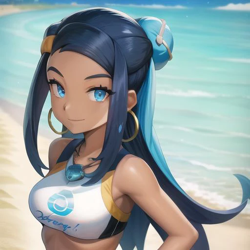 <lora:character_pokemon_nessa_v4:0.5> beach, 1girl, character_pokemon_nessa, solo, (portrait), looking at viewer, smile, closed mouth, standing, bikini, hair bun, hair ornament, necklace, hoop earrings