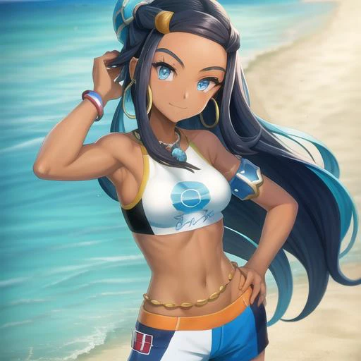 <lora:character_pokemon_nessa_v4:0.5> beach, 1girl, character_pokemon_nessa, solo, cowboy shot, standing, looking at viewer, smile, closed mouth, hand in own hair, hand on hip, bikini, hair bun, hair ornament, hoop earrings, ear piercing, belly chain, armlet, armband, necklace