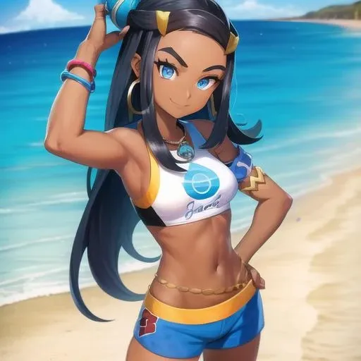 <lora:character_pokemon_nessa_v3:0.5> beach, 1girl, character_pokemon_nessa, solo, portrait, looking at viewer, smile, bikini, hair bun, hair ornament, necklace, hoop earrings