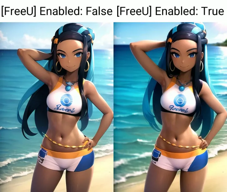 <lora:character_pokemon_nessa_v7_wip:1> nessa \(pokemon\), beach, 1girl, solo, cowboy shot, standing, looking at viewer, smile, closed mouth, (hand in own hair:1.2), hand on hip, bikini, hair bun, hair ornament, hoop earrings, belly chain, necklace,