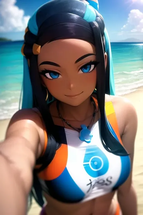 <lora:character_pokemon_nessa_v7_wip:1> nessa \(pokemon\), beach, 1girl, solo, (portrait:1.1), looking at viewer, smile, closed mouth, bikini, hair bun, hair ornament, necklace, hoop earrings,