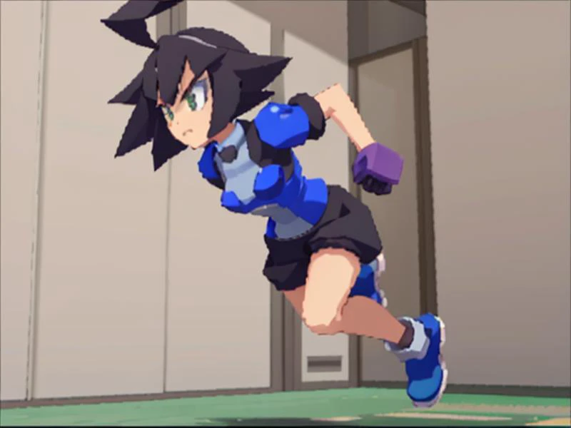 3d \(artwork\),<lora:Megaman_Legends:0.8>,megaman_legends,Lowpoly,PS1,pixelated,
Running,
1girl,solo,short hair,black hair,purple eyes,ahoge,blunt bangs,bob cut,teal jacket,uniform,short black shorts,^^,full body,