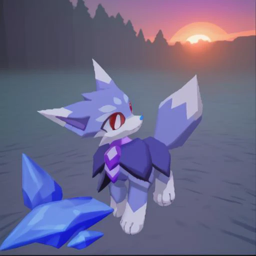 3d \(artwork\),<lora:Megaman_Legends:1>,megaman_legends,Lowpoly,PS1,
(<lora:Nox_Palworld:1>,nox_(pal), Periwinkle fur,purple chest crystal,capelet, red eyes,black pupils, dipstick tail, white ears, dipstick ears,white paws, small dark blue nose,),Feral,
Forest,sunset,