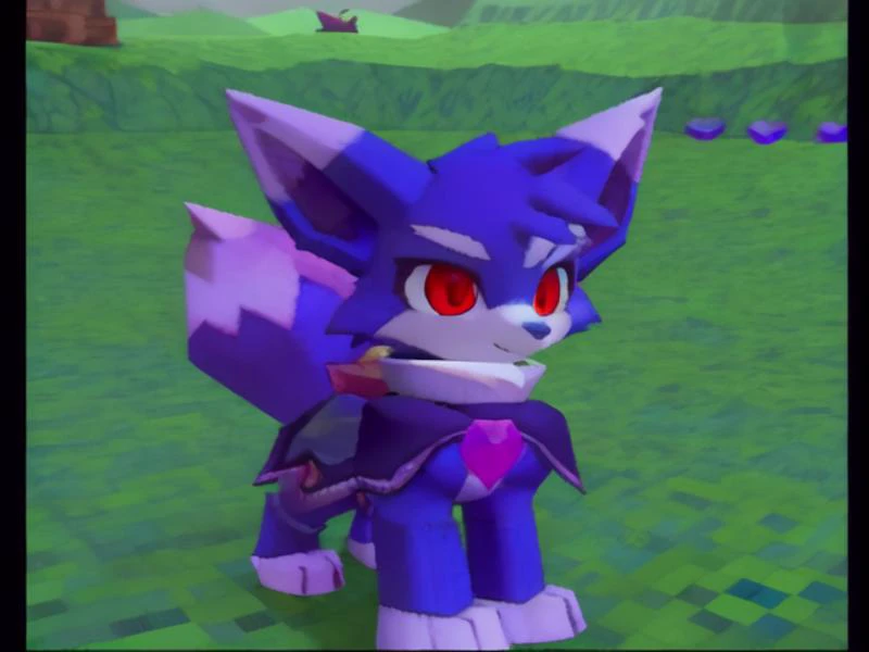 <lora:Megaman_Legends_2_Style:1>,megaman legends 2,3d \(artwork\),ps1,psx,lowpoly,(pixelated:1.4),
(<lora:Nox_Palworld:1>,nox_(pal), Periwinkle fur,purple chest crystal,capelet, red eyes,black pupils, dipstick tail, white ears, dipstick ears,white paws, small dark blue nose,),feral,
field,