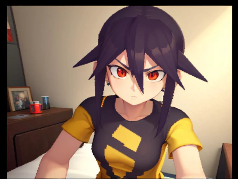 (3d \(artwork\):1.2),<lora:Megaman_Legends_2_Style>,megaman legends 2,ps1,psx,(pixelated:1.2),
solo,female,black hair,(yellow shirt:1.2),(red eyes:1.2),
bedroom,close-up,headshot portrait,