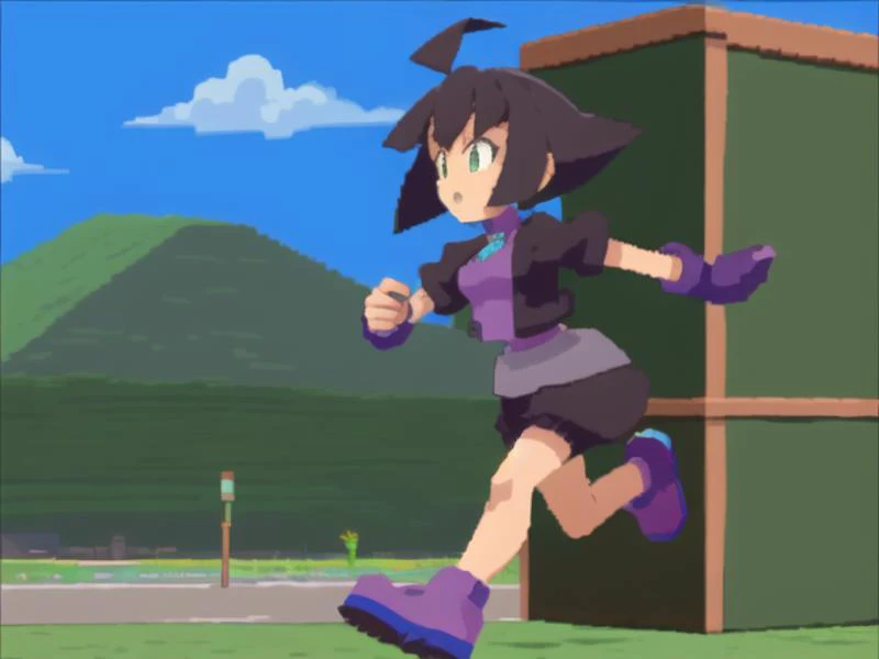 3d \(artwork\),<lora:Megaman_Legends>,megaman_legends,Lowpoly,PS1,pixelated,
Running,
1girl,solo,short hair,black hair,purple eyes,ahoge,blunt bangs,bob cut,teal jacket,uniform,short black shorts,^^,full body,side view,