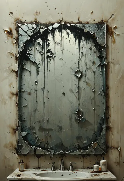 Shattered reflection in cracked bathroom mirror, tenebrism, <lora:Melting_world:0.8>, <lora:Colorful_Circles_SDXL:1> mad-circle, <lora:ral-hnycmb:0.8> ral-hnycmb