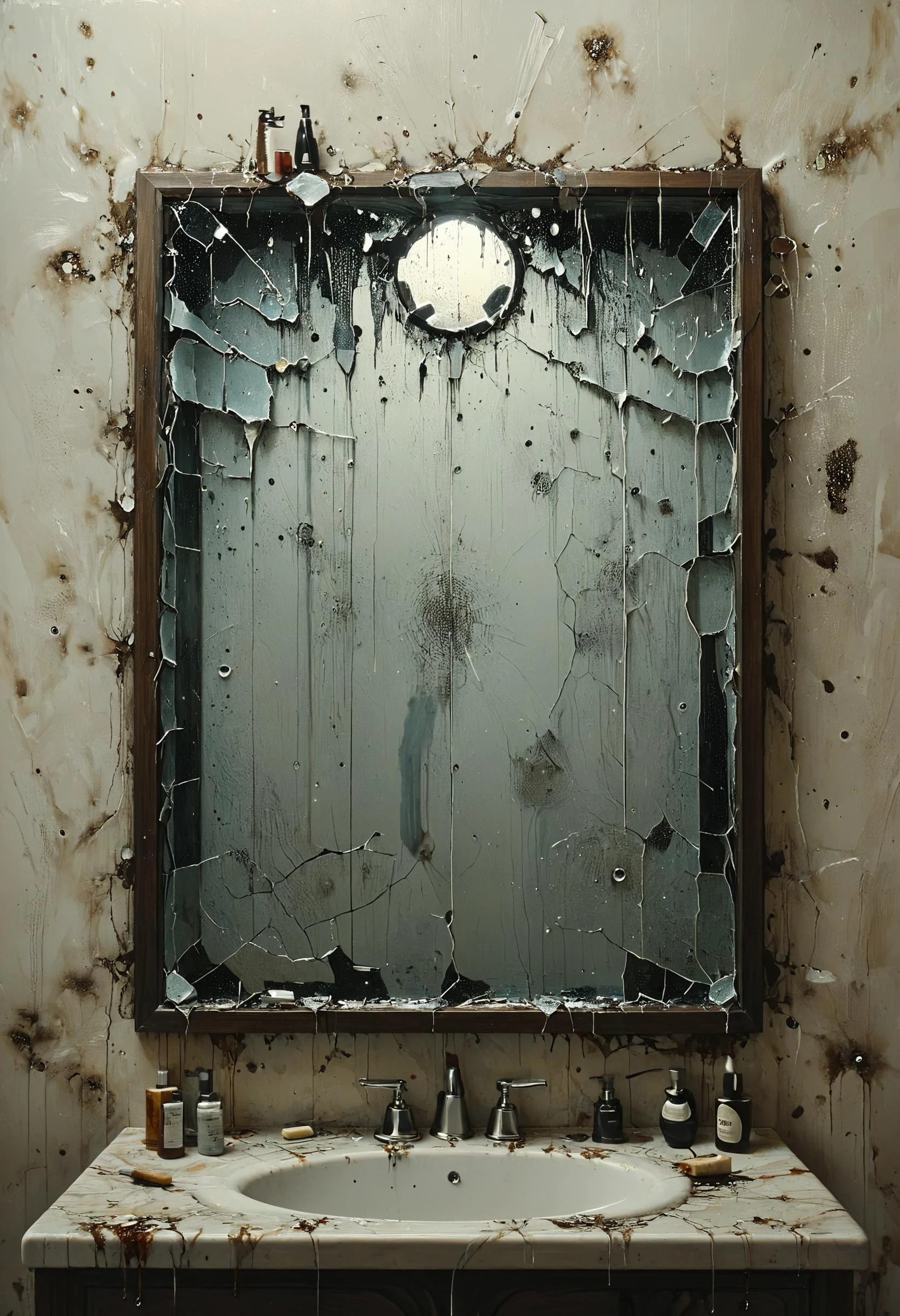 Shattered reflection in cracked bathroom mirror, Storm Lighting, <lora:Melting_world:0.8>, <lora:Colorful_Circles_SDXL:1> mad-circle, <lora:ral-hnycmb:0.8> ral-hnycmb
