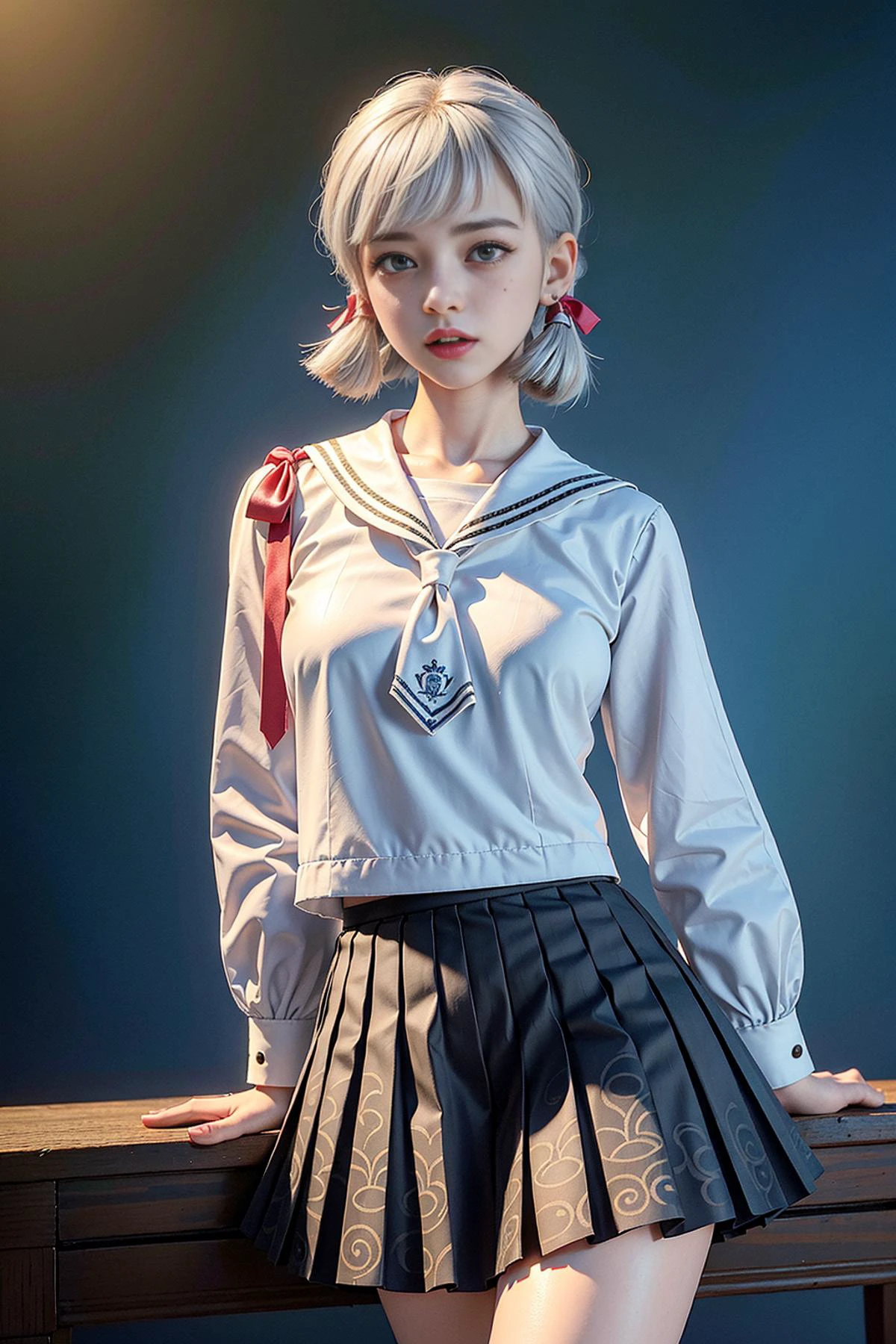 ultra realistic 8k cg, masterpiece, ((ultra detailed background, delicate pattern, intricate detail)), (highly detailed, fine details), best quality, 1girl, (photorealistic:1.4),beautiful lighting, absurdres, RAW photo, film grain, kamisato ayaka (heytea), official alternate costume, kamisato ayaka, blunt bangs, hair bow, hair ribbon, red ribbon, school uniform, sailor shirt, sailor collar, pleated skirt, 1girl, skirt, black bow, cate, coffee, light blue hair, grey eyes, coffee cup, pureerosface_v1, ulzzang-6500-v1.1, (white hair), <lora:kamisato ayaka:1>