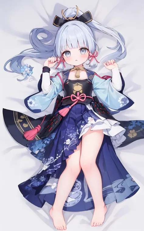 masterpiece, best quality,looking at viewer, blush, lying, bed sheet, full body, dakimakura, full body, 1girl,kamisato ayaka (flawless radiance), kamisato ayaka, official costume, ponytail, kote, kusazuri, blunt bangs, hair ribbon, red ribbon, japanese armor, grey eyes, light blue hair, mole under eye, <lora:kamisato ayaka:0.9>,