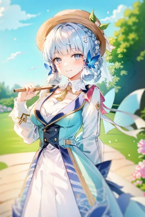 (Realistic painting style:0.9), (faux traditional media:1.0), masterpiece, best quality, bokeh, depth of field, looking to the side, kamisato ayaka (springbloom missive), kamisato ayaka, official alternate hairstyle, official alternate costume, blunt bangs, butterfly hair ornament, hair flower, blue dress, 1girl, butterfly, grey eyes, flower, hair ornament, light blue hair, outdoors, solo, hat, sky, blue nails, cloud, bangs, long sleeves, holding, looking at viewer, blue butterfly, blurry, braid, dress, day, blurry foreground, blue sky, breasts, medium breasts, cloudy sky, blush, index finger raised, blue flower, smile, closed mouth, holding fan