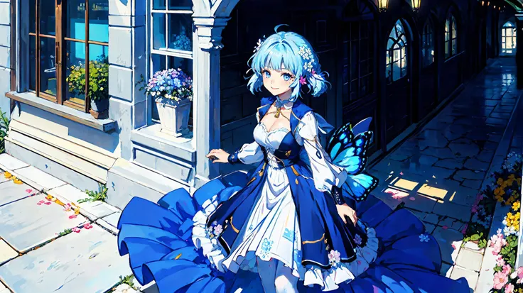 painting style,(masterpiece, ultra best quality, ultra high detailed, best shadow,8k),(ultra best illumination, an extremely delicate and beautiful), high contrast, vivid,<lora:kamisatoAyakaSpringbloom_v10:0.8>,kamisato ayaka (springbloom missive), kamisato ayaka, official alternate hairstyle, official alternate costume, blunt bangs, butterfly hair ornament, hair flower, blue dress, grey eyes, light blue hair, mole under eye,large breasts, perfact body,sexy,
, (1 girl:1.5),(smile:1.1), (full body),looking at viewer, (hands between legs:1.2),solo,(1 girl in the photo:1.5),(alone:1.5),(short blue hair:1.1), beautiful blue eyes, (european style long dress:1.1), long sleeves,white legwear,white high heels, potted planet,flowers, window,sunshine,dynamic angle,walking, standing, view from front or side