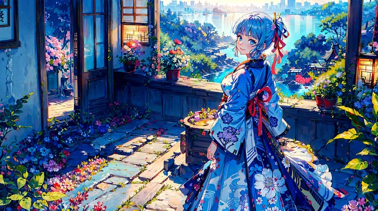 painting style,(masterpiece, ultra best quality, ultra high detailed, best shadow,8k),(ultra best illumination, an extremely delicate and beautiful), vivid,old japan architecture,<lora:kamisatoAyakaSpringbloom_v10:0.9>,kamisato ayaka (flawless radiance), kamisato ayaka, official costume, ponytail, kote, kusazuri, blunt bangs, hair ribbon, red ribbon, japanese armor,
large breasts, perfact body,sexy,
, (1 girl:1.5),(smile:1.1), (full body),looking at viewer, solo,(1 girl in the photo:1.5),(alone:1.5), beautiful blue eyes, potted planet,flowers, window,sunshine,dynamic angle,