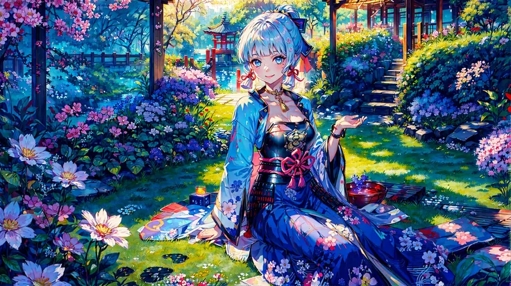painting style,(masterpiece, ultra best quality, ultra high detailed, best shadow,8k),(ultra best illumination, an extremely delicate and beautiful),  vivid,old japan architecture,japan garden,<lora:kamisatoAyakaSpringbloom_v10:0.9>,kamisato ayaka (flawless radiance), kamisato ayaka, official costume, ponytail, kote, kusazuri, blunt bangs, hair ribbon, red ribbon, japanese armor,
large breasts, perfact body,sexy,
, (1 girl:1.5),(smile:1.1), (full body),looking at viewer, solo,(1 girl in the photo:1.5),(alone:1.5), beautiful blue eyes, potted planet,flowers, window,sunshine,dynamic angle,