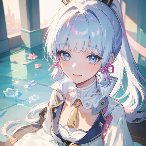(masterpiece, best quality, ultra-detailed, best shadow), (beautiful detailed face, 1girl, solo), high contrast, (best illumination, an extremely delicate and beautiful), depth of field, soft lighting, absurdres, look at the viewer, kamisato ayaka \(flawless radiance\), (light blue hair, ice blue eyes, cute face, long hair), kamisato ayaka, ponytail, kote, kusazuri, blunt bangs, hair ribbon, red ribbon, (white wedding dress)<lora:kamisatoAyakaSpringbloom_v10:0.6>, medium breasts, day, flower, colorful, hyper detail, dramatic light, intricate details, liptick, smile, sitting